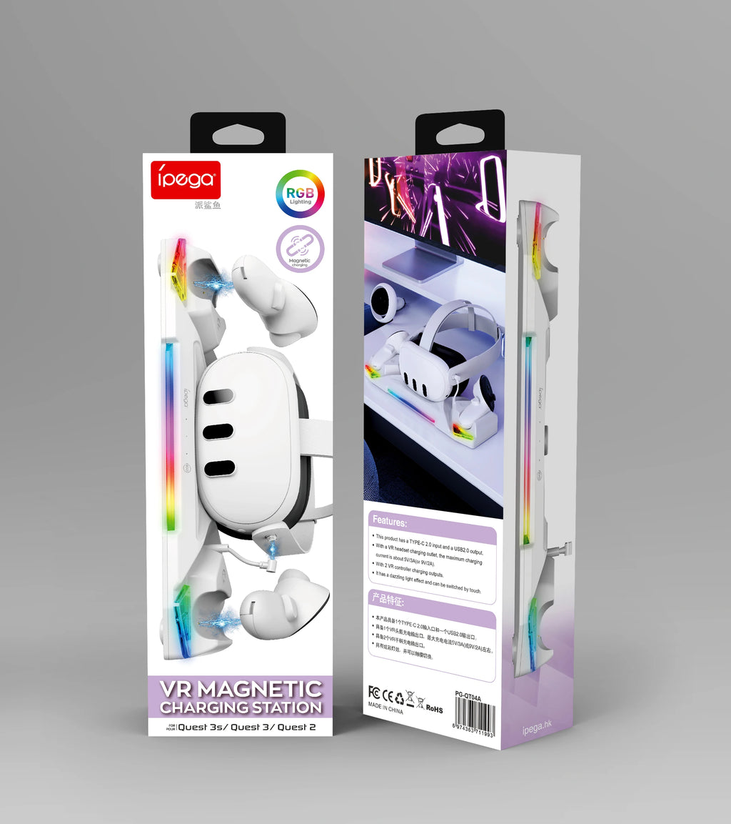 VR Charging Dock PG-QT04 for Quest 3S/Quest 3/Quest 2 VR Headset&Controllers with RGB LED Light, VR Accessories with 2 Batteries