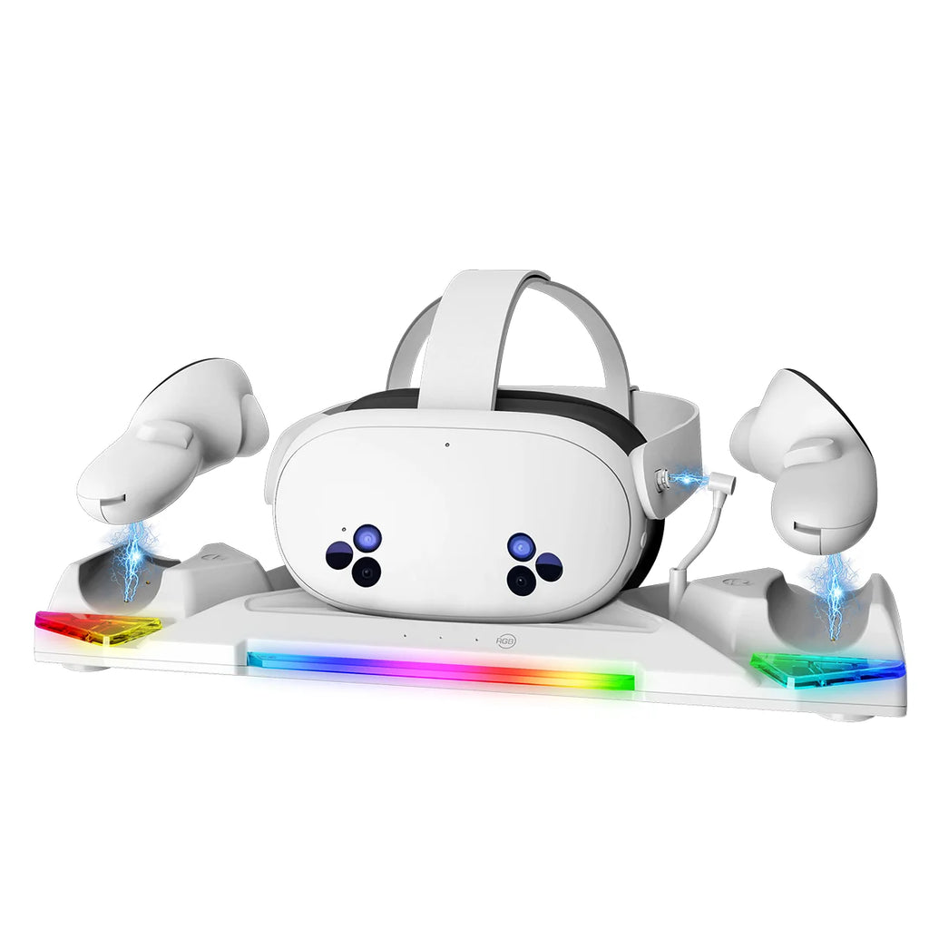 VR Charging Dock PG-QT04 for Quest 3S/Quest 3/Quest 2 VR Headset&Controllers with RGB LED Light, VR Accessories with 2 Batteries