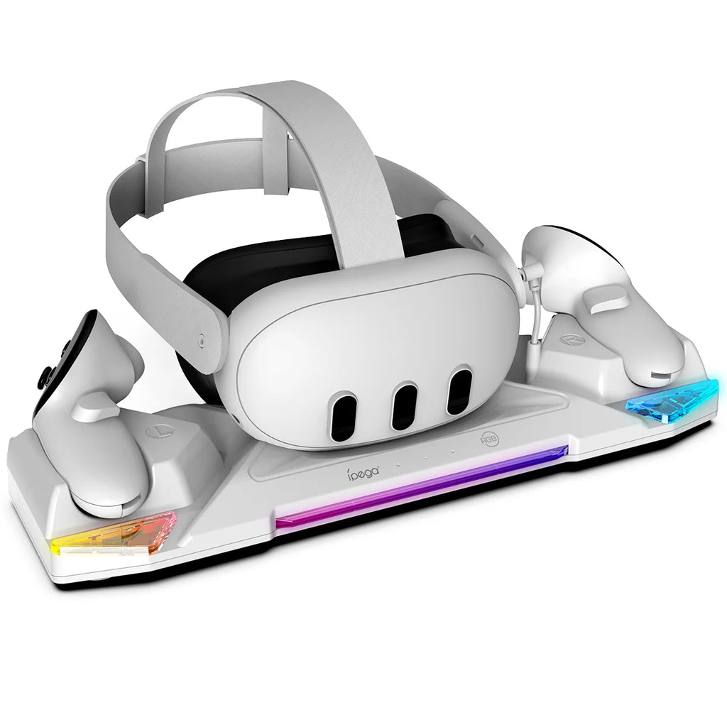 VR Charging Dock PG-QT04 for Quest 3S/Quest 3/Quest 2 VR Headset&Controllers with RGB LED Light, VR Accessories with 2 Batteries