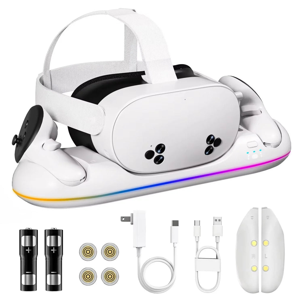 VR Headset Controller Charging Dock for Meta Quest 3S 3 2 VR Display Stand with 2 Rechargeable Batteries Charger Base