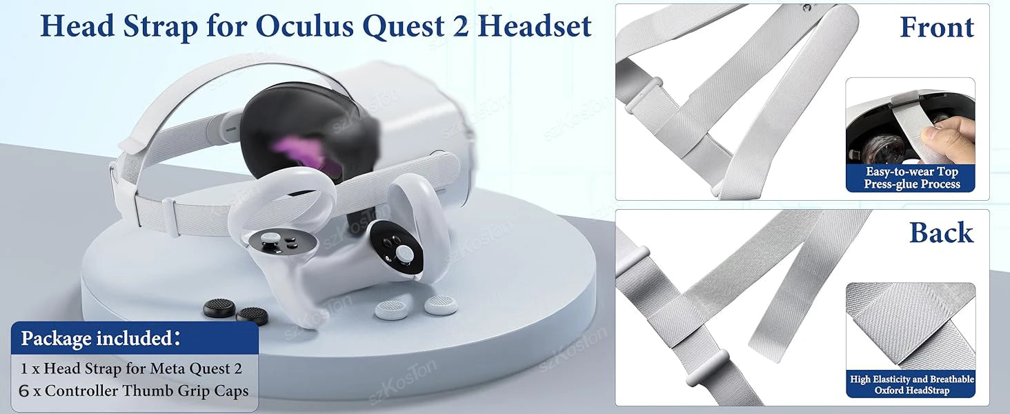 Replacement Original Head Strap for Oculus Quest 2 VR Headset with 6Pcs Controller Thumb Grip Caps for Meta Quest 2 Accessories