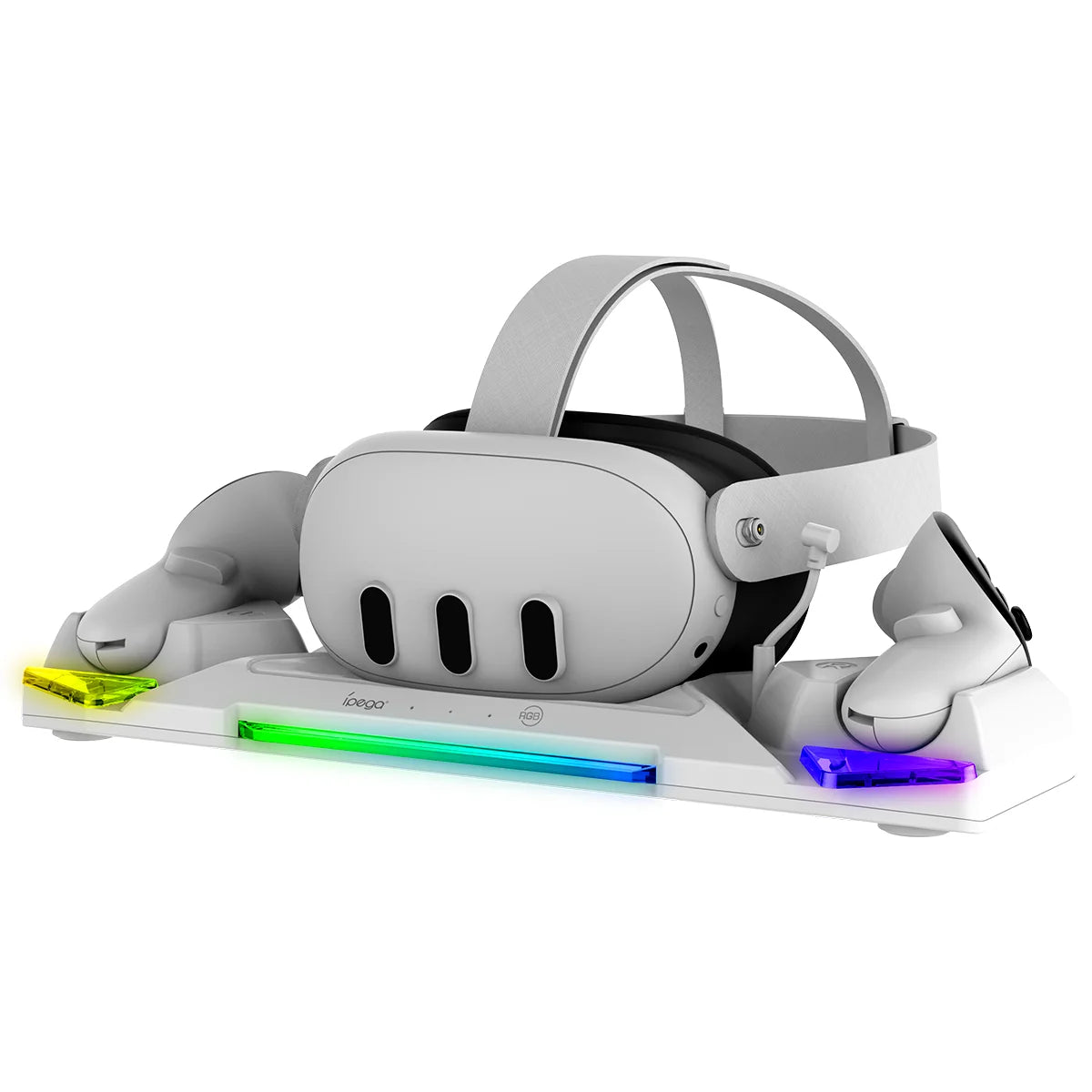 VR Charging Dock PG-QT04 for Quest 3S/Quest 3/Quest 2 VR Headset&Controllers with RGB LED Light, VR Accessories with 2 Batteries